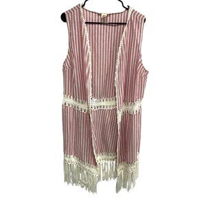 Indigo Thread Co. Striped Open Front Fringe Vest Crochet Details Sz XL